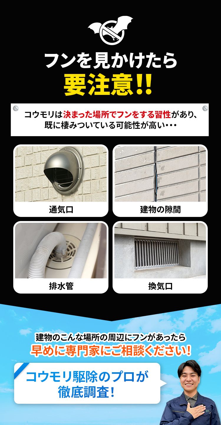 フンを見かけたら要注意!!コウモリは決まった場所でフンをする習性があり、既に棲みついている可能性が高い・・・ 建物のこんな場所の周辺にフンがあったら早めに専門家にご相談ください!コウモリ駆除のプロが徹底調査!