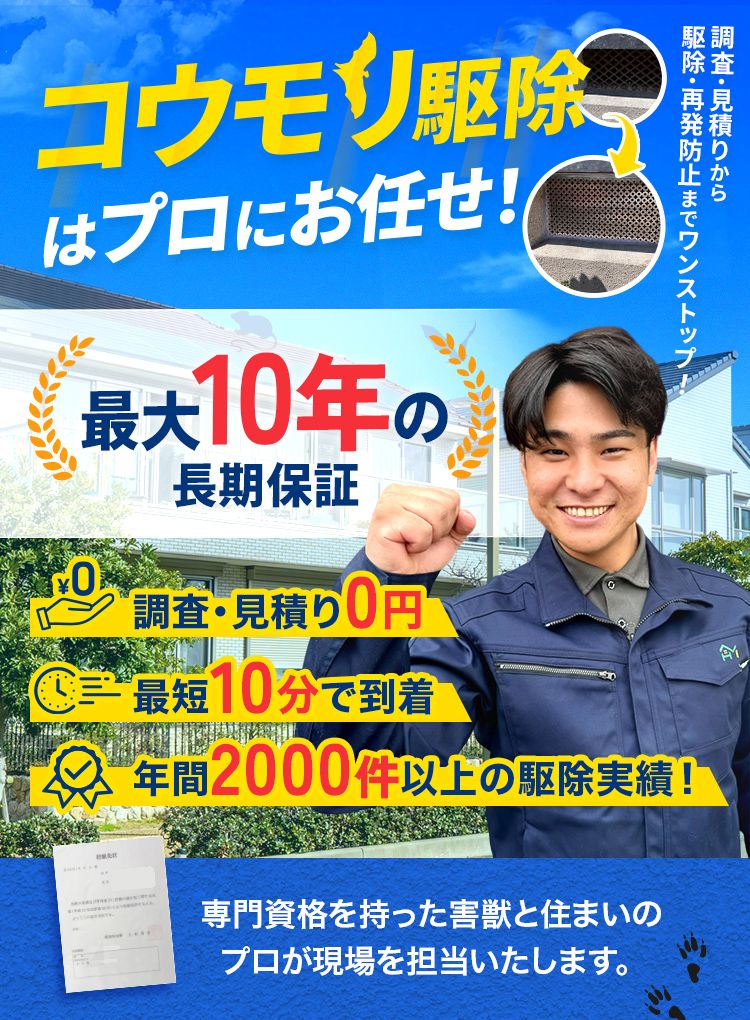 コウモリ駆除はプロにお任せ! 最大10年の長期保証 調査・見積り0円 最短10分で到着 年間2000件以上の駆除実績!