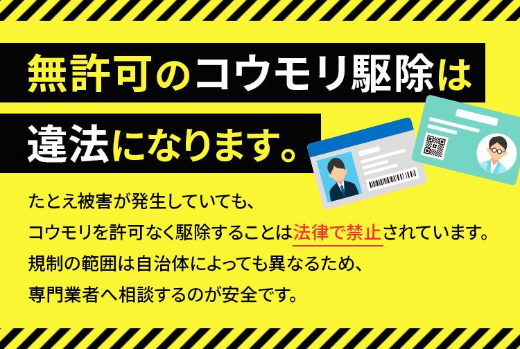 無許可のコウモリ駆除は違法になります。たとえ被害があってもコウモリを許可なく駆除することは法律で禁止されています。規制の範囲は自治体によっても異なるため、専門業者へ相談するのが安全です。