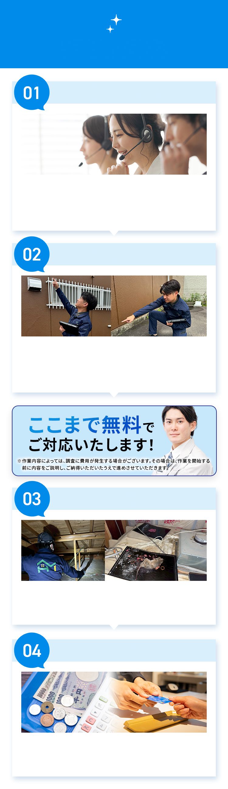 ここまで無料でご対応いたします！ ※作業内容によっては、調査に費用が発生する場合がございます。その場合は、作業を開始する前に内容をご説明し、ご納得いただいたうえで進めさせていただきます。