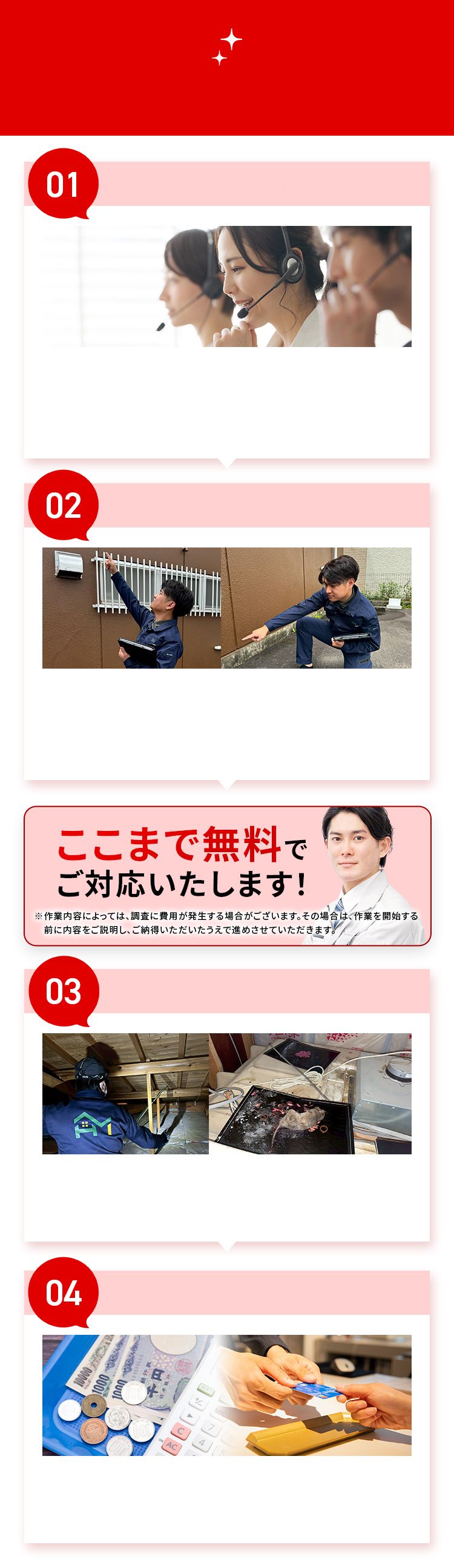 ここまで無料でご対応いたします! ※作業内容によっては、調査に費用が発生する場合がございます。その場合は、作業を開始する前に内容をご説明し、ご納得いただいたうえで進めさせていただきます。